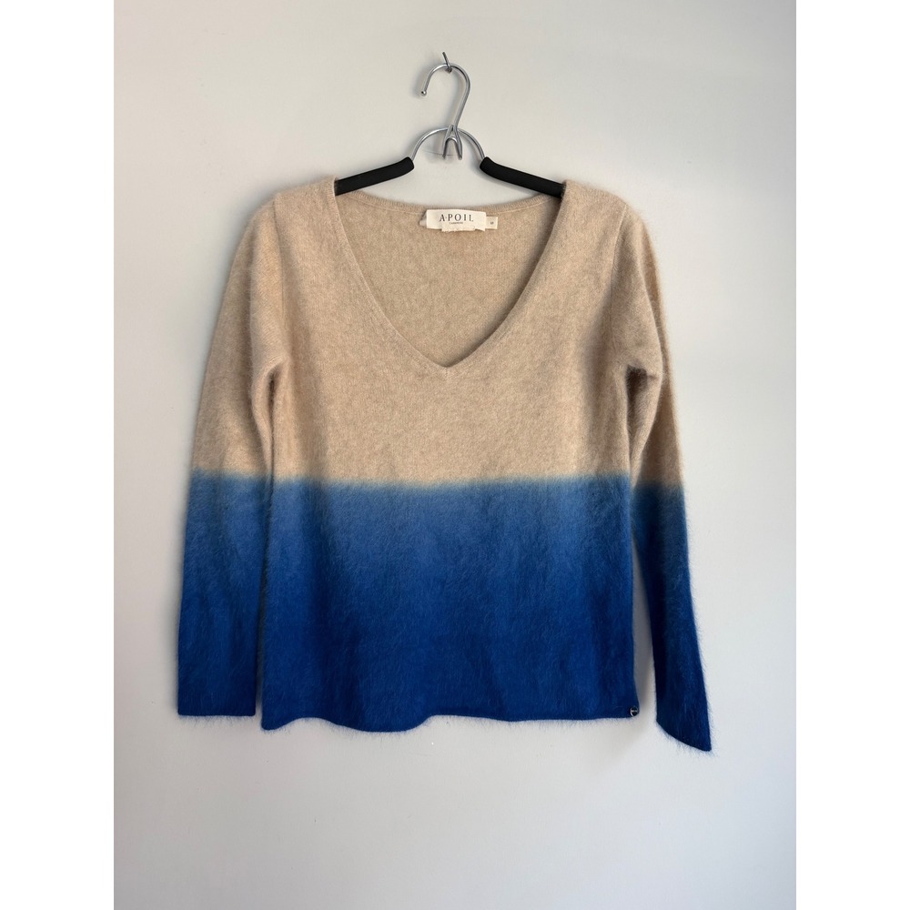 APOIL 100% Raccoon Hair Fuzzy Ombre V-Neck Sweater Beige Blue Women's Small
